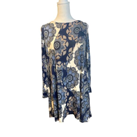 Ariella Blue White Patterned Cold Shoulder Pullover Stretch Dress Sz M - Picture 1 of 11